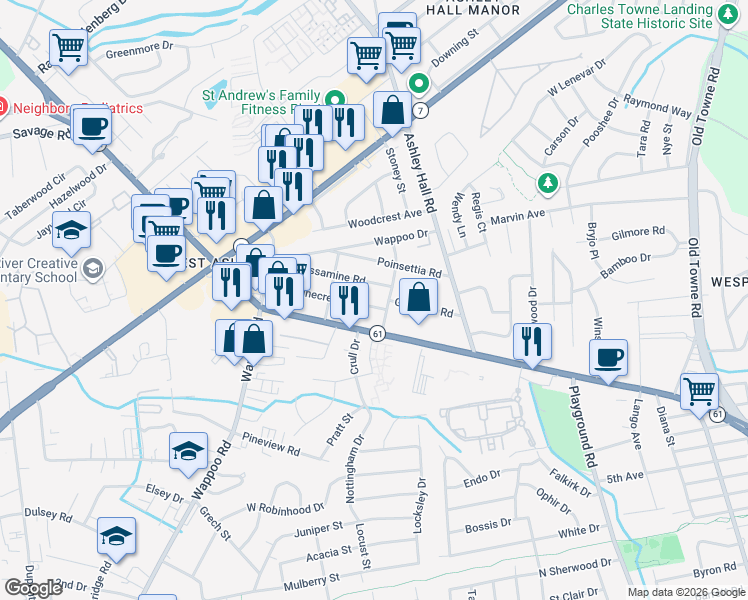 map of restaurants, bars, coffee shops, grocery stores, and more near 1219 Wisteria Road in Charleston