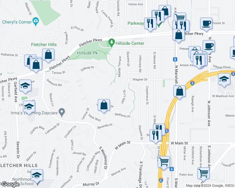 map of restaurants, bars, coffee shops, grocery stores, and more near 470 Hillsmont Place in El Cajon