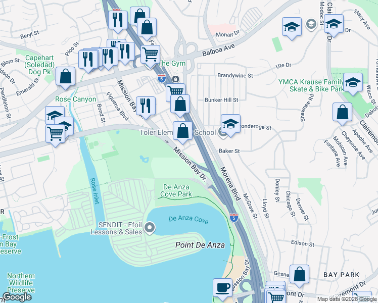 map of restaurants, bars, coffee shops, grocery stores, and more near 4275 Mission Bay Drive in San Diego