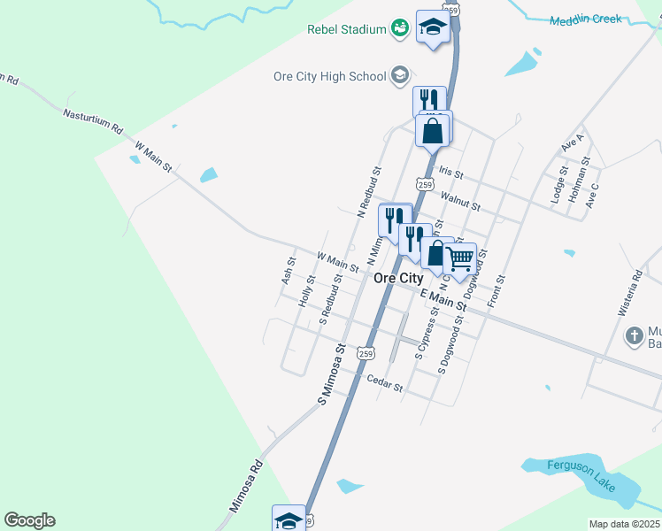 map of restaurants, bars, coffee shops, grocery stores, and more near 101 South Redbud Street in Ore City