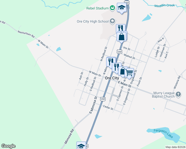 map of restaurants, bars, coffee shops, grocery stores, and more near 101 South Redbud Street in Ore City