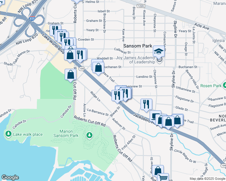 map of restaurants, bars, coffee shops, grocery stores, and more near 5706 Jacksboro Highway in Fort Worth