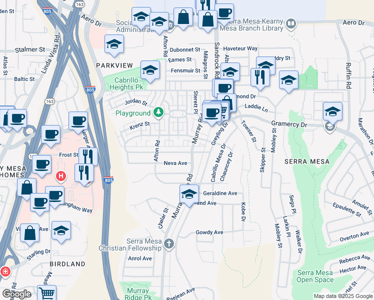map of restaurants, bars, coffee shops, grocery stores, and more near 8666 Macawa Avenue in San Diego
