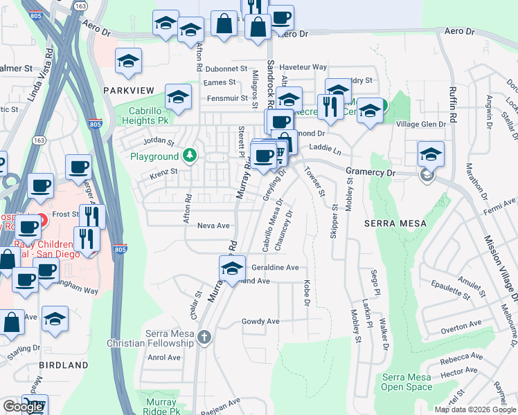 map of restaurants, bars, coffee shops, grocery stores, and more near 8766 Macawa Avenue in San Diego