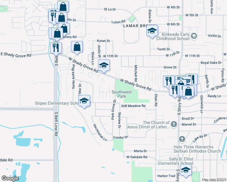 map of restaurants, bars, coffee shops, grocery stores, and more near 2952 Park Square Drive in Irving