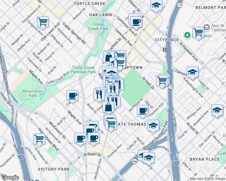 map of restaurants, bars, coffee shops, grocery stores, and more near 131 Howell Street in Dallas