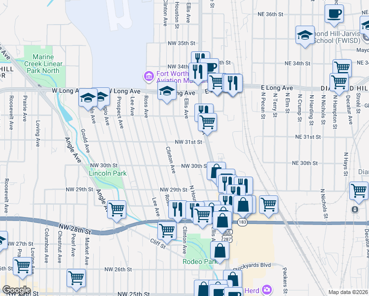 map of restaurants, bars, coffee shops, grocery stores, and more near 3018 North Houston Street in Fort Worth