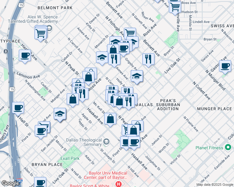 map of restaurants, bars, coffee shops, grocery stores, and more near 1423 North Carroll Avenue in Dallas