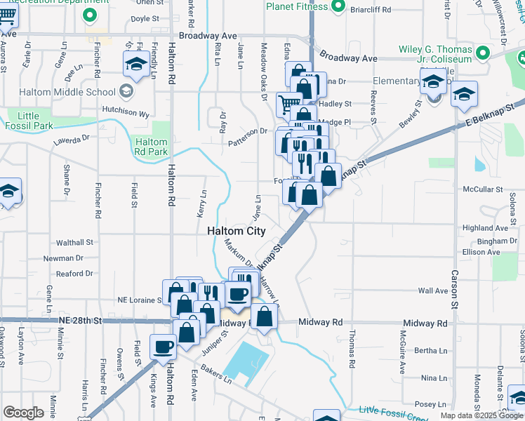 map of restaurants, bars, coffee shops, grocery stores, and more near 3000 Jane Lane in Haltom City