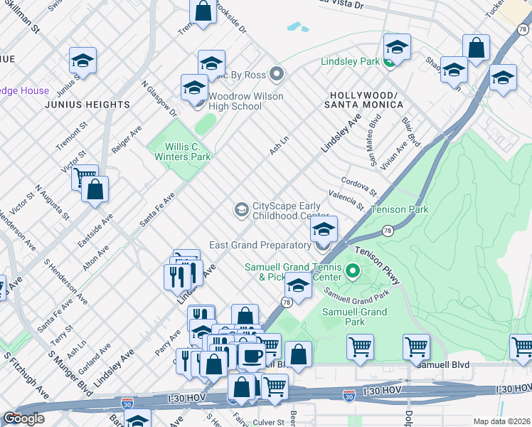 map of restaurants, bars, coffee shops, grocery stores, and more near 814 South Glasgow Drive in Dallas