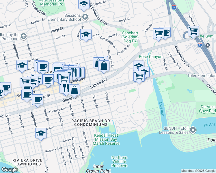 map of restaurants, bars, coffee shops, grocery stores, and more near 2166 Grand Avenue in San Diego