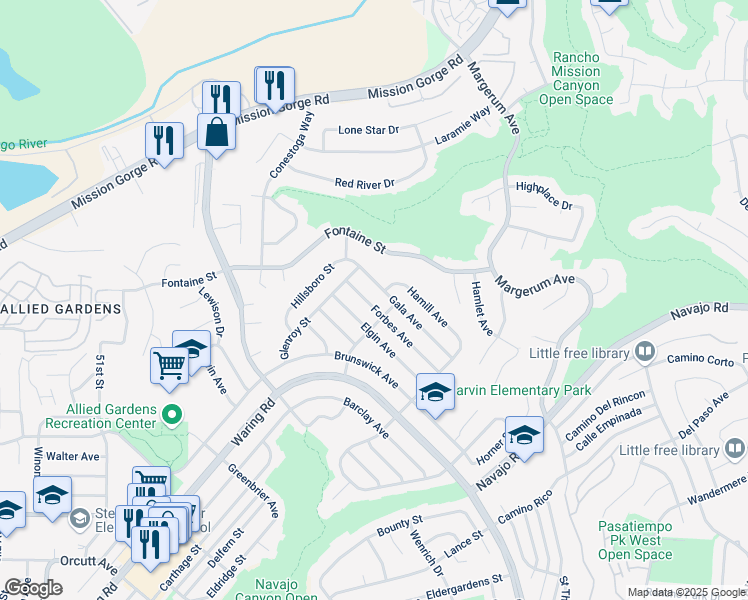 map of restaurants, bars, coffee shops, grocery stores, and more near 5460 Forbes Avenue in San Diego