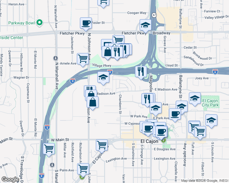 map of restaurants, bars, coffee shops, grocery stores, and more near 500 Chambers Street in El Cajon
