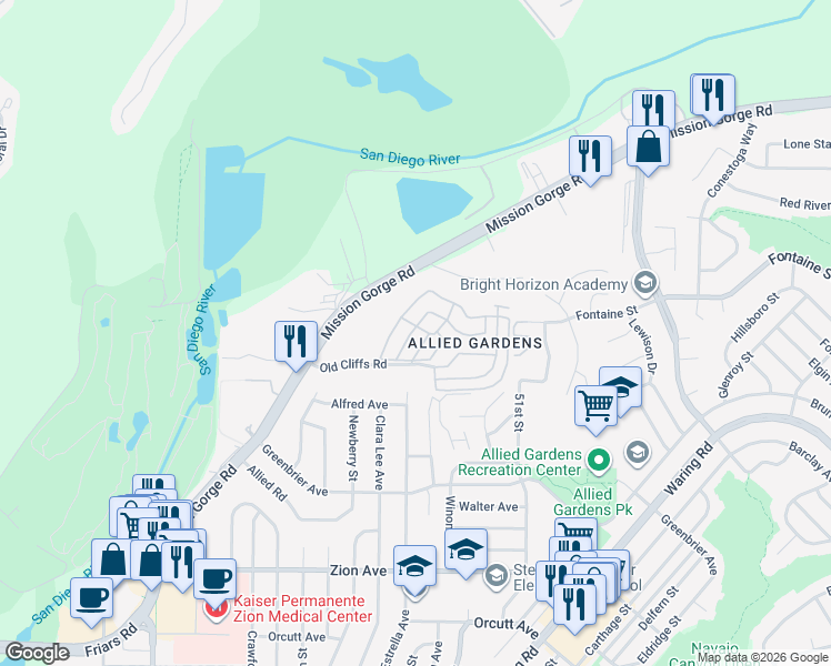map of restaurants, bars, coffee shops, grocery stores, and more near 4920 1/2 Old Cliffs Road in San Diego