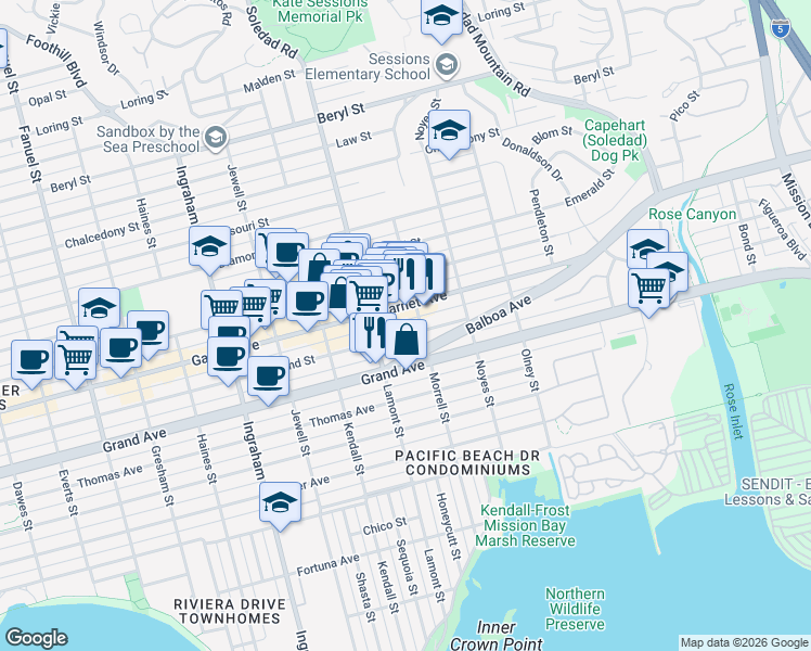 map of restaurants, bars, coffee shops, grocery stores, and more near 1956 Hornblend Street in San Diego