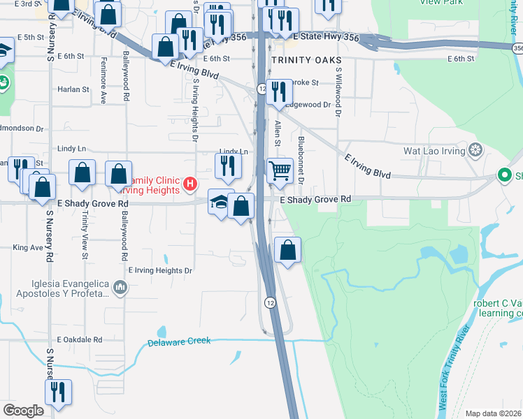 map of restaurants, bars, coffee shops, grocery stores, and more near Highway 12 Loop in Irving