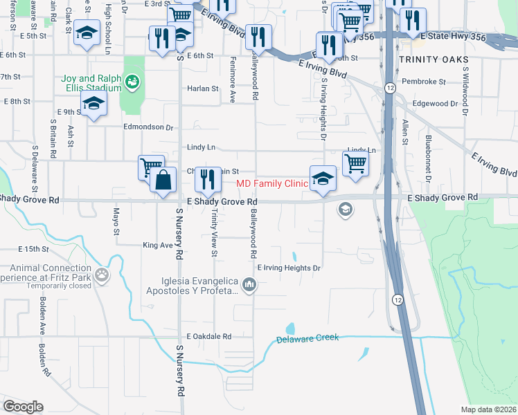 map of restaurants, bars, coffee shops, grocery stores, and more near 1205 Balleywood Road in Irving
