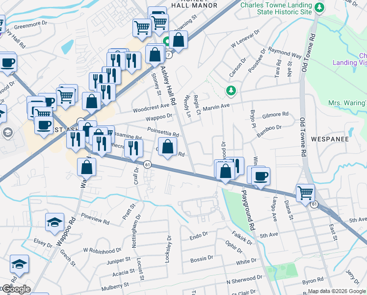 map of restaurants, bars, coffee shops, grocery stores, and more near 1504 Gardenia Road in Charleston