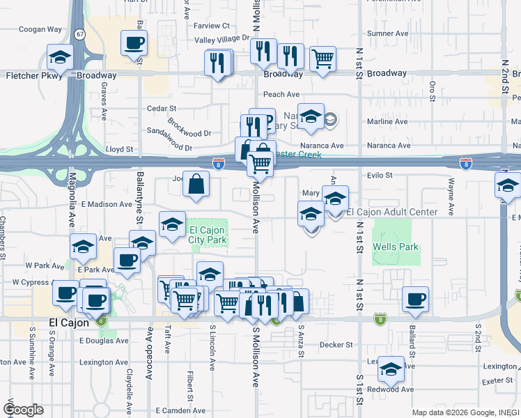 map of restaurants, bars, coffee shops, grocery stores, and more near 521 North Mollison Avenue in El Cajon