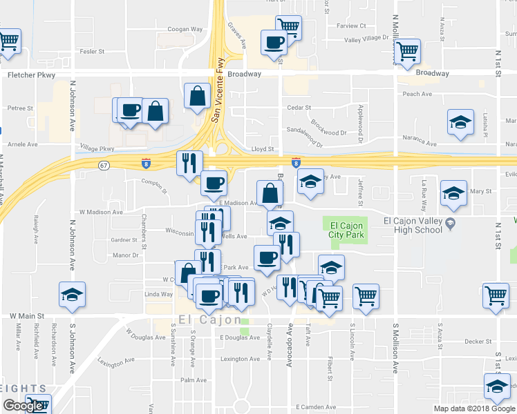 map of restaurants, bars, coffee shops, grocery stores, and more near 285 East Madison Avenue in El Cajon
