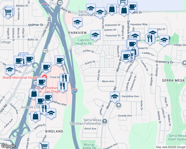 map of restaurants, bars, coffee shops, grocery stores, and more near 3078 Afton Road in San Diego