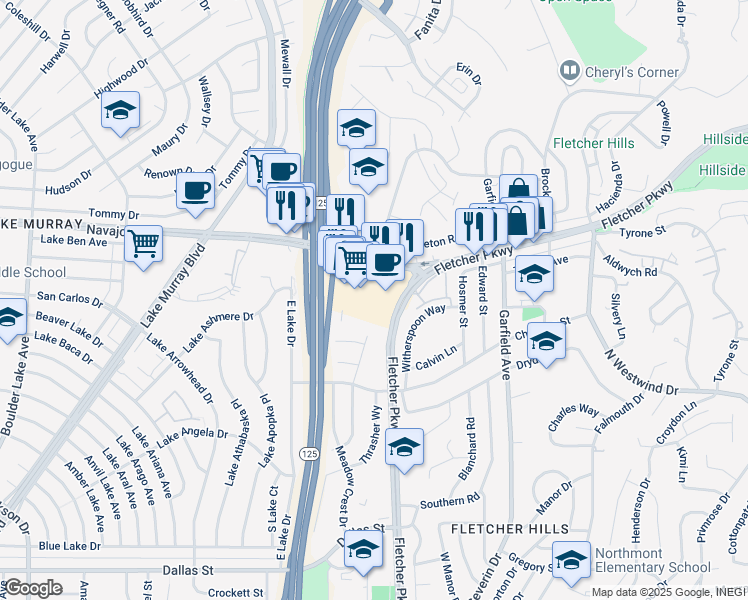 map of restaurants, bars, coffee shops, grocery stores, and more near 2702 Fletcher Parkway in El Cajon