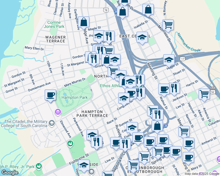 map of restaurants, bars, coffee shops, grocery stores, and more near 30 Moultrie Street in Charleston