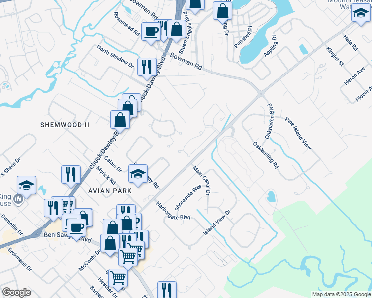 map of restaurants, bars, coffee shops, grocery stores, and more near 1239 Llewellyn Road in Mount Pleasant