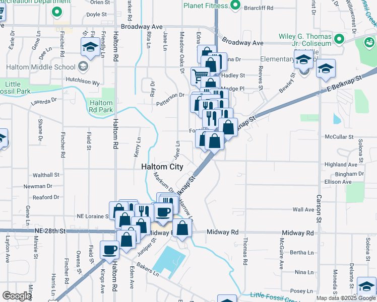 map of restaurants, bars, coffee shops, grocery stores, and more near 3000 Jane Lane in Haltom City