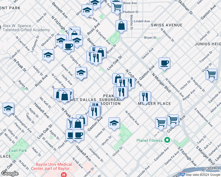 map of restaurants, bars, coffee shops, grocery stores, and more near 4845 Swiss Avenue in Dallas