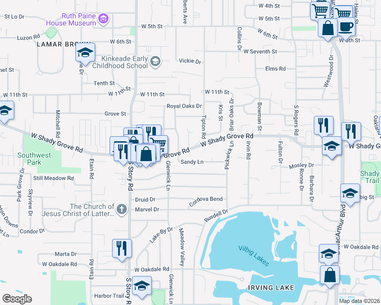 map of restaurants, bars, coffee shops, grocery stores, and more near 2100 West Shady Grove Road in Irving