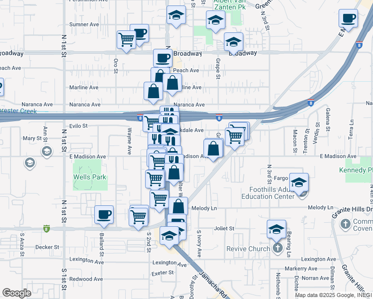 map of restaurants, bars, coffee shops, grocery stores, and more near 1340 East Madison Avenue in El Cajon