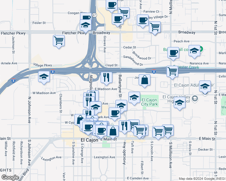map of restaurants, bars, coffee shops, grocery stores, and more near 285 East Madison Avenue in El Cajon