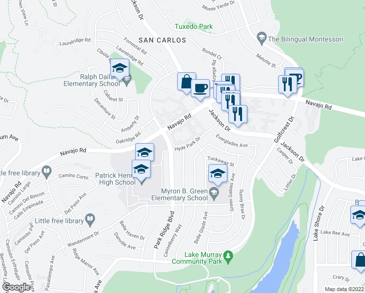 map of restaurants, bars, coffee shops, grocery stores, and more near 6963 Casselberry Way in San Diego