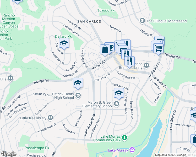 map of restaurants, bars, coffee shops, grocery stores, and more near 6963 Casselberry Way in San Diego