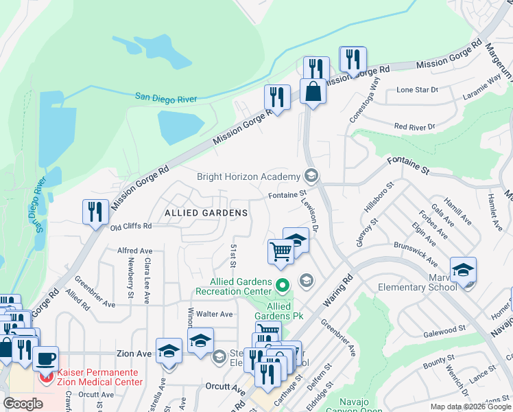map of restaurants, bars, coffee shops, grocery stores, and more near 7115 Leicester Street in San Diego