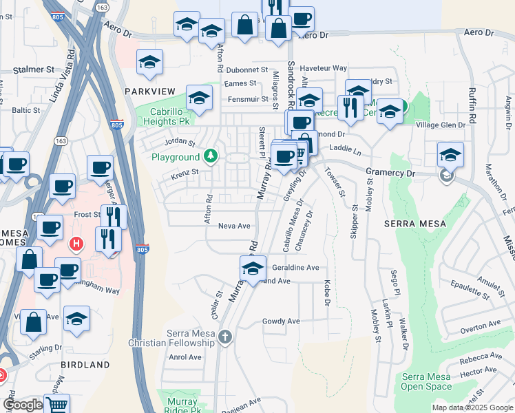 map of restaurants, bars, coffee shops, grocery stores, and more near 8666 Macawa Avenue in San Diego