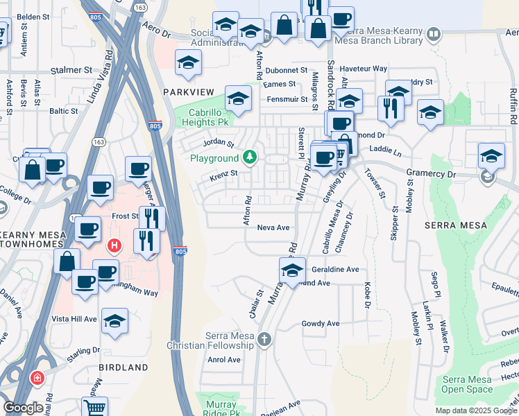 map of restaurants, bars, coffee shops, grocery stores, and more near 8566 Macawa Avenue in San Diego