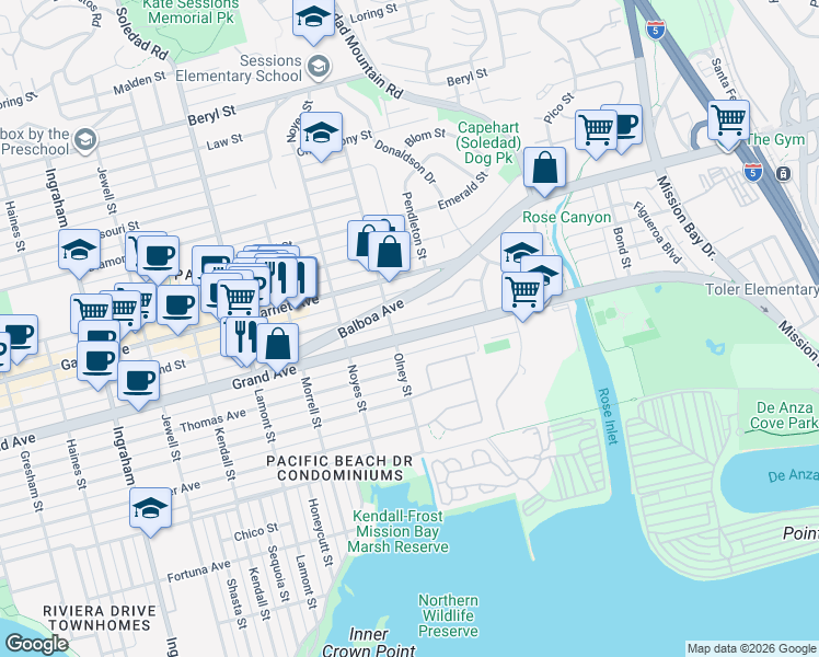 map of restaurants, bars, coffee shops, grocery stores, and more near 2241 Grand Avenue in San Diego