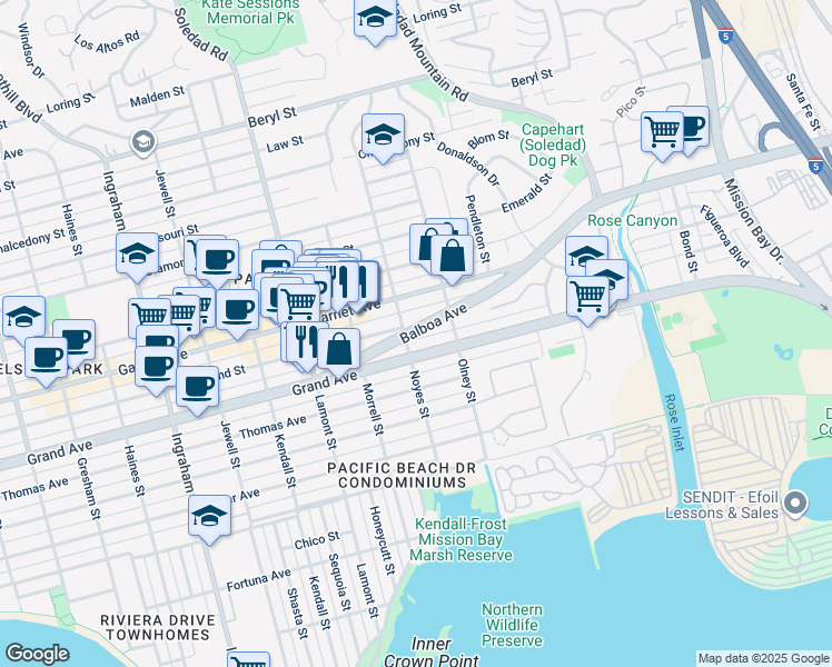 map of restaurants, bars, coffee shops, grocery stores, and more near 2131 Balboa Avenue in San Diego