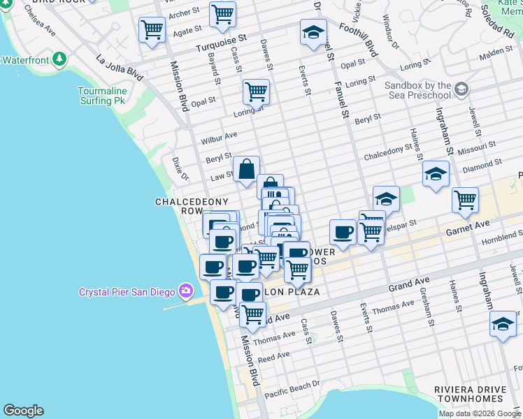 map of restaurants, bars, coffee shops, grocery stores, and more near 951 Missouri Street in San Diego