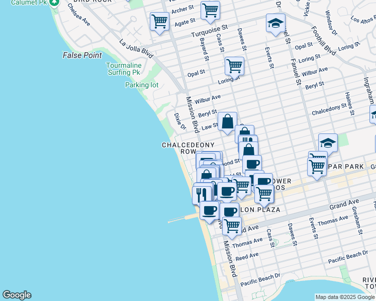 map of restaurants, bars, coffee shops, grocery stores, and more near 641 Chalcedony Street in San Diego