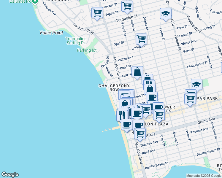 map of restaurants, bars, coffee shops, grocery stores, and more near 641 Chalcedony Street in San Diego