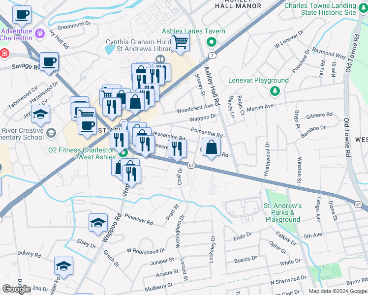 map of restaurants, bars, coffee shops, grocery stores, and more near 1627A Pinecrest Road in Charleston