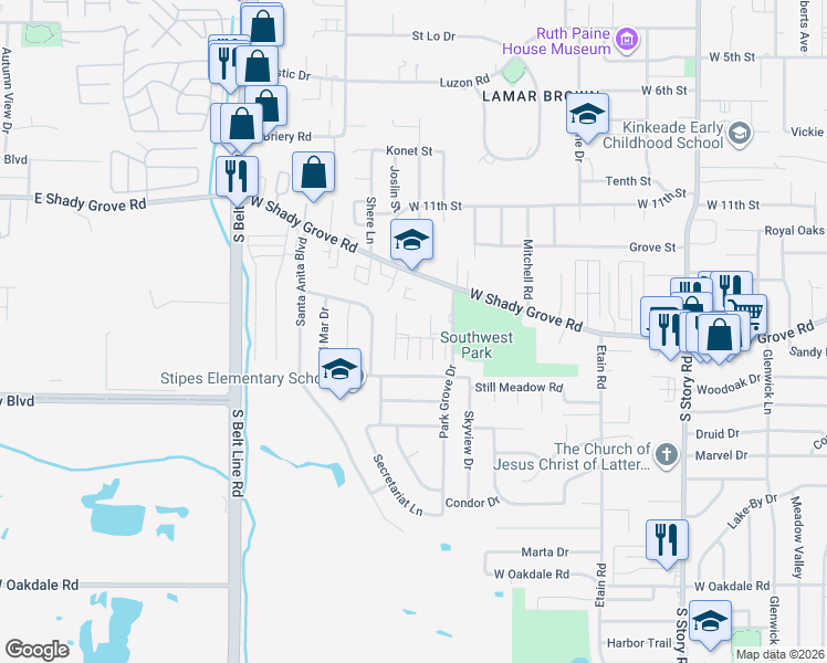 map of restaurants, bars, coffee shops, grocery stores, and more near 2952 Park Square Drive in Irving