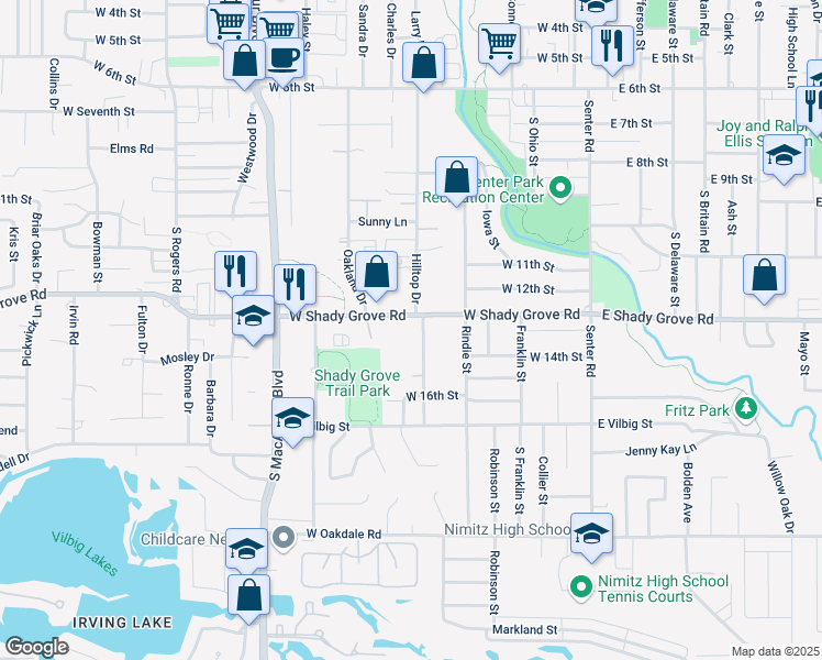 map of restaurants, bars, coffee shops, grocery stores, and more near 1209 Hilltop Drive in Irving