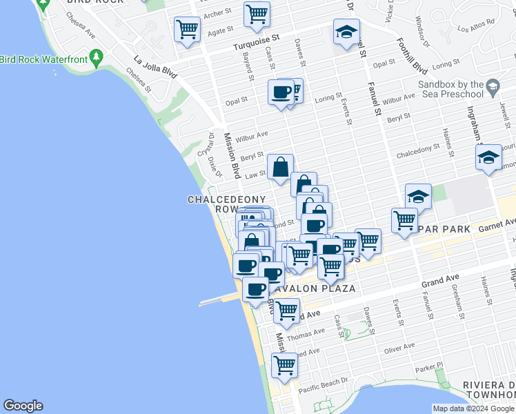 map of restaurants, bars, coffee shops, grocery stores, and more near 830 Missouri Street in San Diego