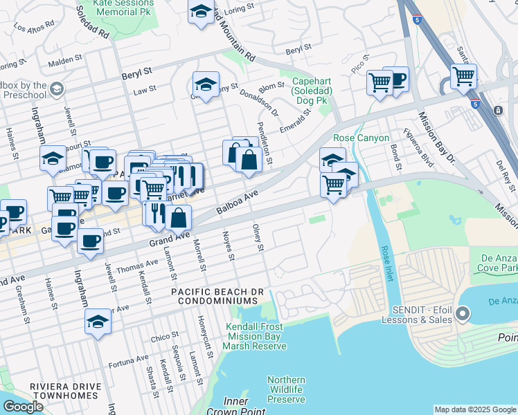 map of restaurants, bars, coffee shops, grocery stores, and more near 2166 Grand Avenue in San Diego