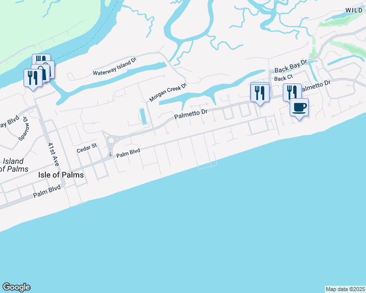 map of restaurants, bars, coffee shops, grocery stores, and more near 50 First Avenue in Isle of Palms