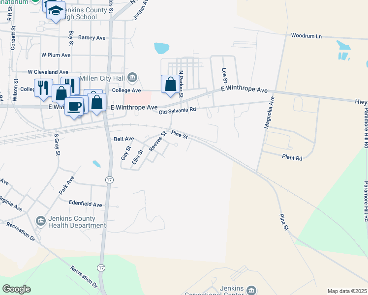 map of restaurants, bars, coffee shops, grocery stores, and more near 130 Bob's Drive in Millen